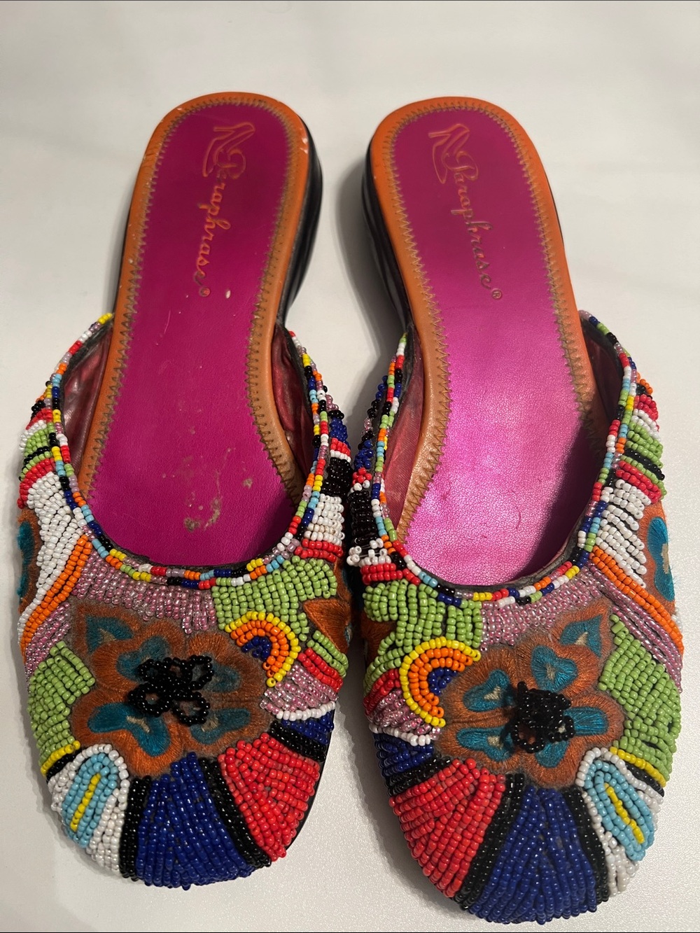 Beaded Floral Slip-On Flats in Pink and Multicolor by Pharaphrase